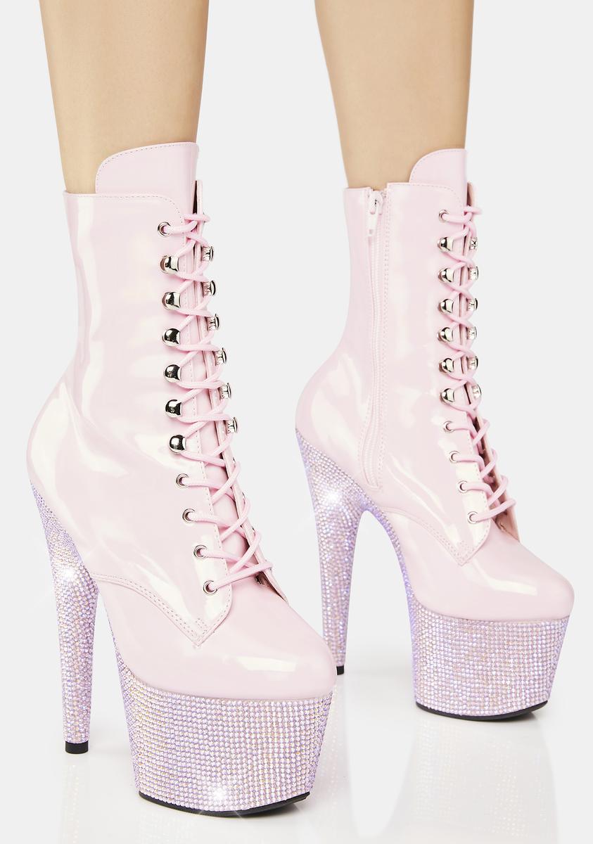 Pleaser Rhinestone Heeled Platform Stiletto Boots - Baby Pink – Dolls Kill