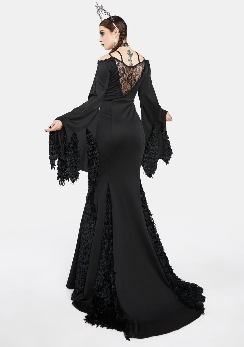 Red Night Gothic Faux Feather Lace Maxi Mermaid Dress