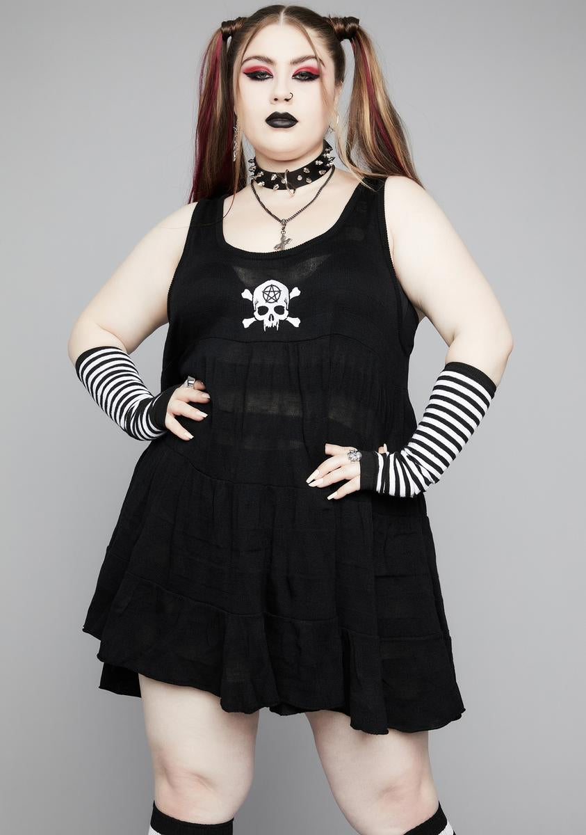 Widow Mall Goth Plus Size Embroidered Skull Striped Mini Dress