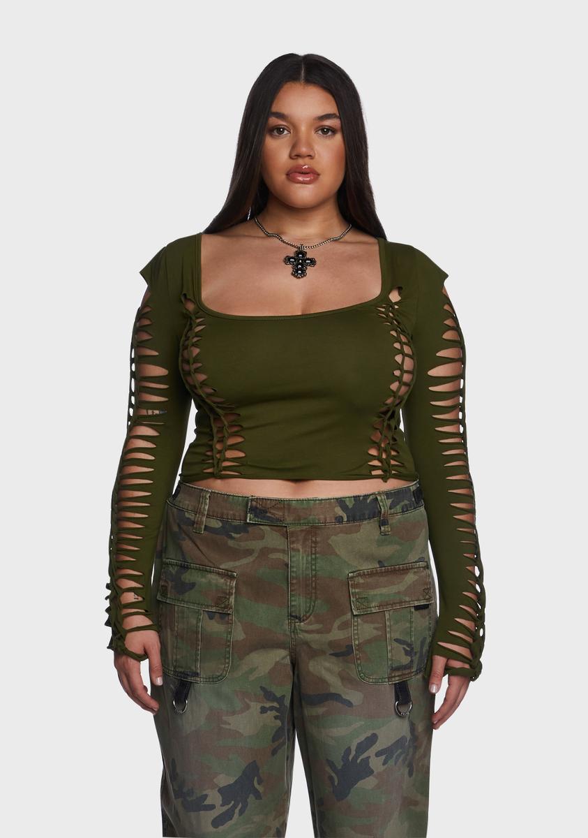 Slashed Top Plus Size Current Mood Slashed Cut Out Long Sleeve Crop Top - Green ...