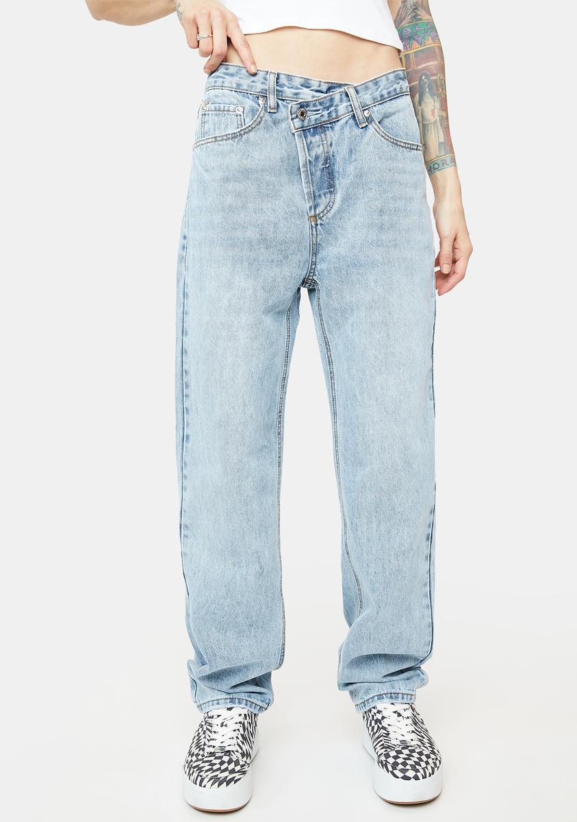 Edikted Overlap Button Jeans - Blue – Dolls Kill