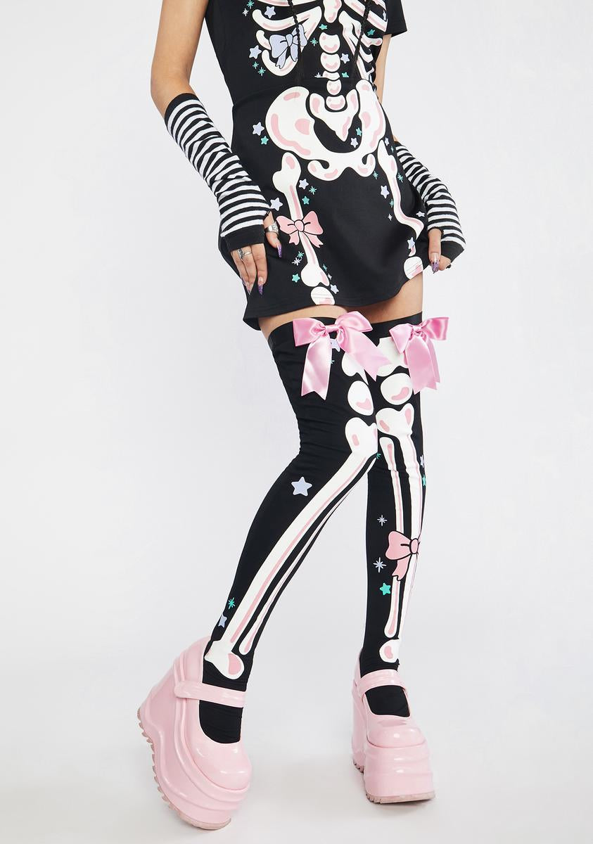 Trickz N' Treatz Kawaii Skeleton Graphic Thigh High Tights Pink/Black