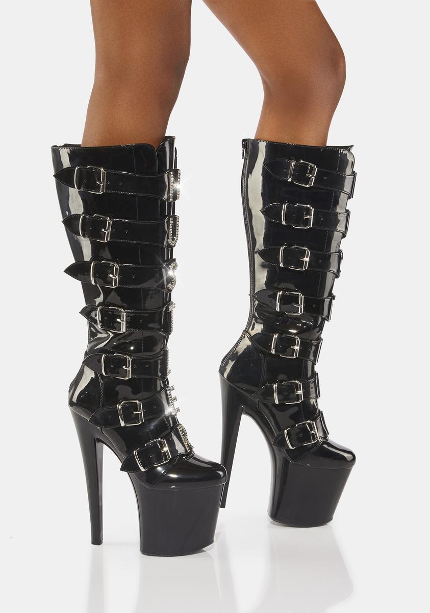 注目 Rhinestone Hustler YRU Knee Boots Stiletto Platform High 靴