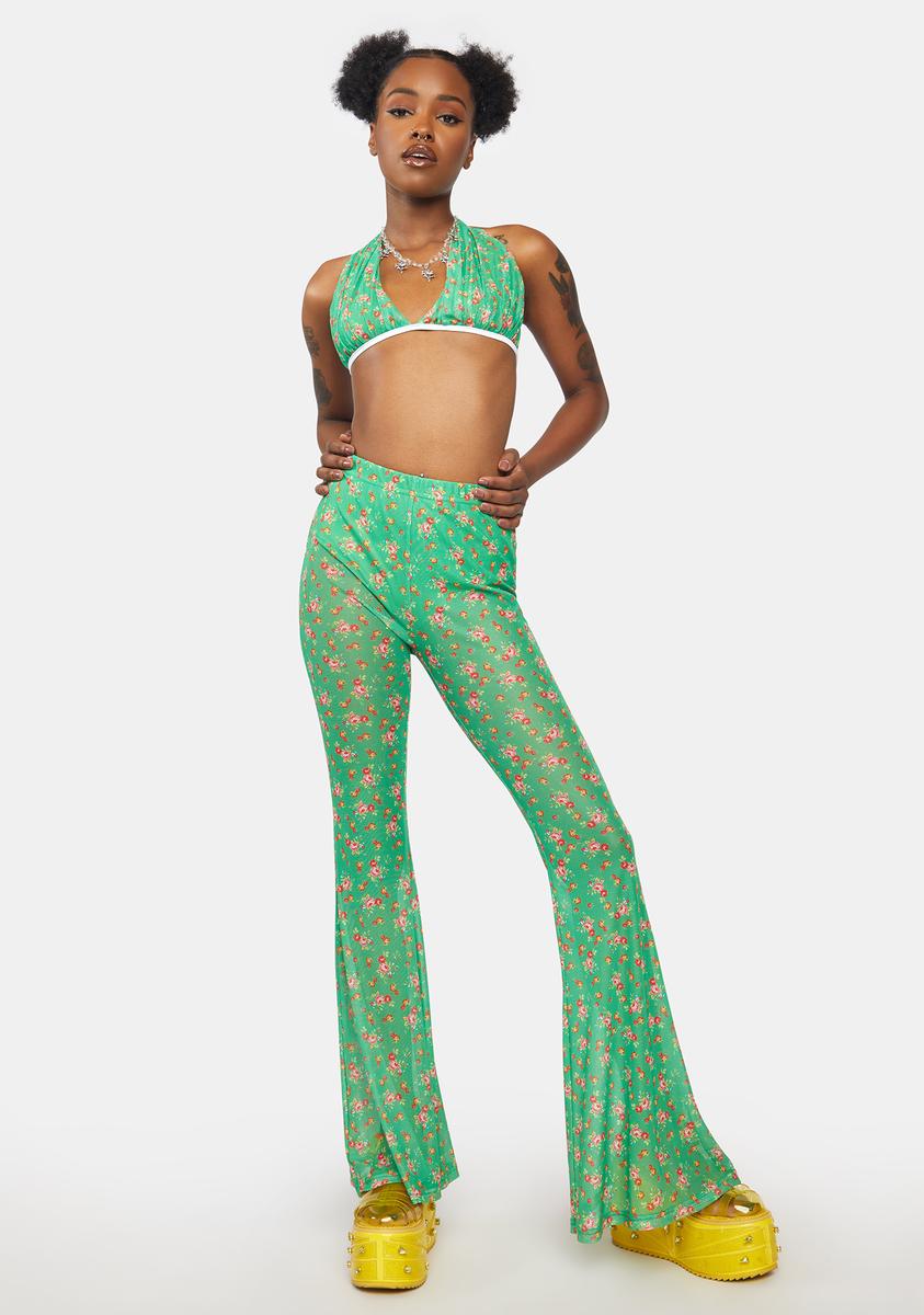 Mesh Floral Print High Waist Flare Pants - Green – Dolls Kill