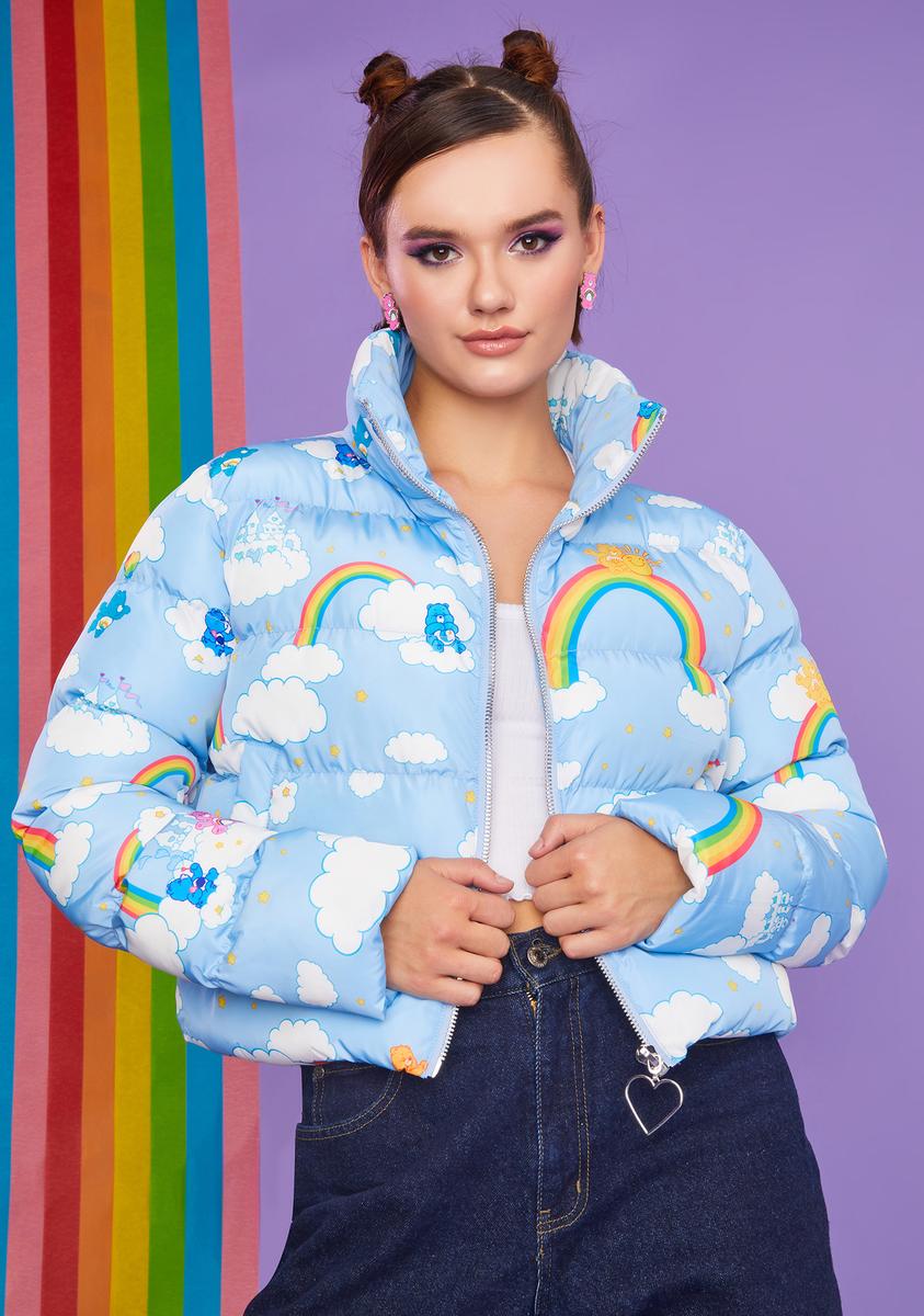 Dolls Kill x Care Bears Rainbow Cloud Print Puffer Jacket - Multi