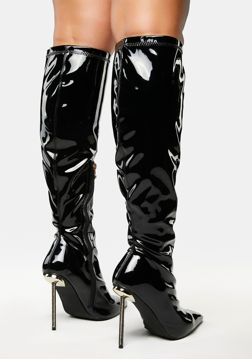 Black patent knee online high boots wide fit
