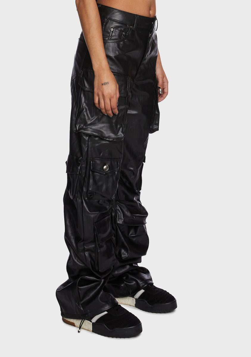 Multi Pocket Faux Leather Baggy Cargo Pants - Black – Dolls Kill