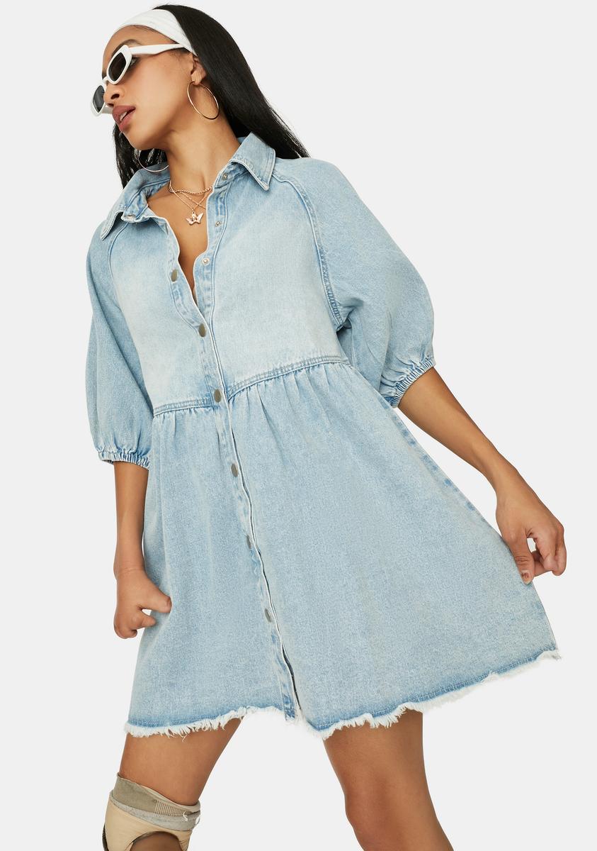 Denim Puff Sleeve Collared Babydoll Dress