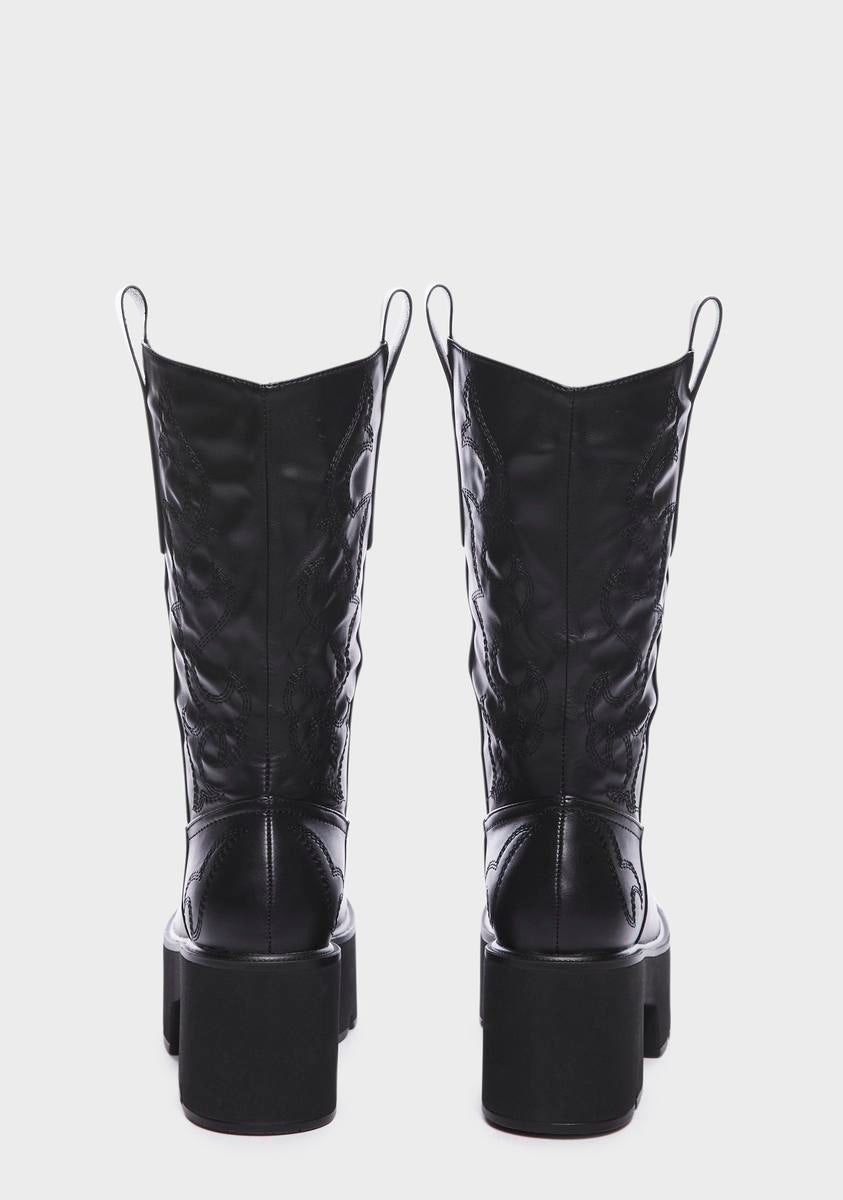 【韓国Attends アテンズ】Black doggy bliss case AZALEA WANG Vegan Leather Platform Western Boots - Black