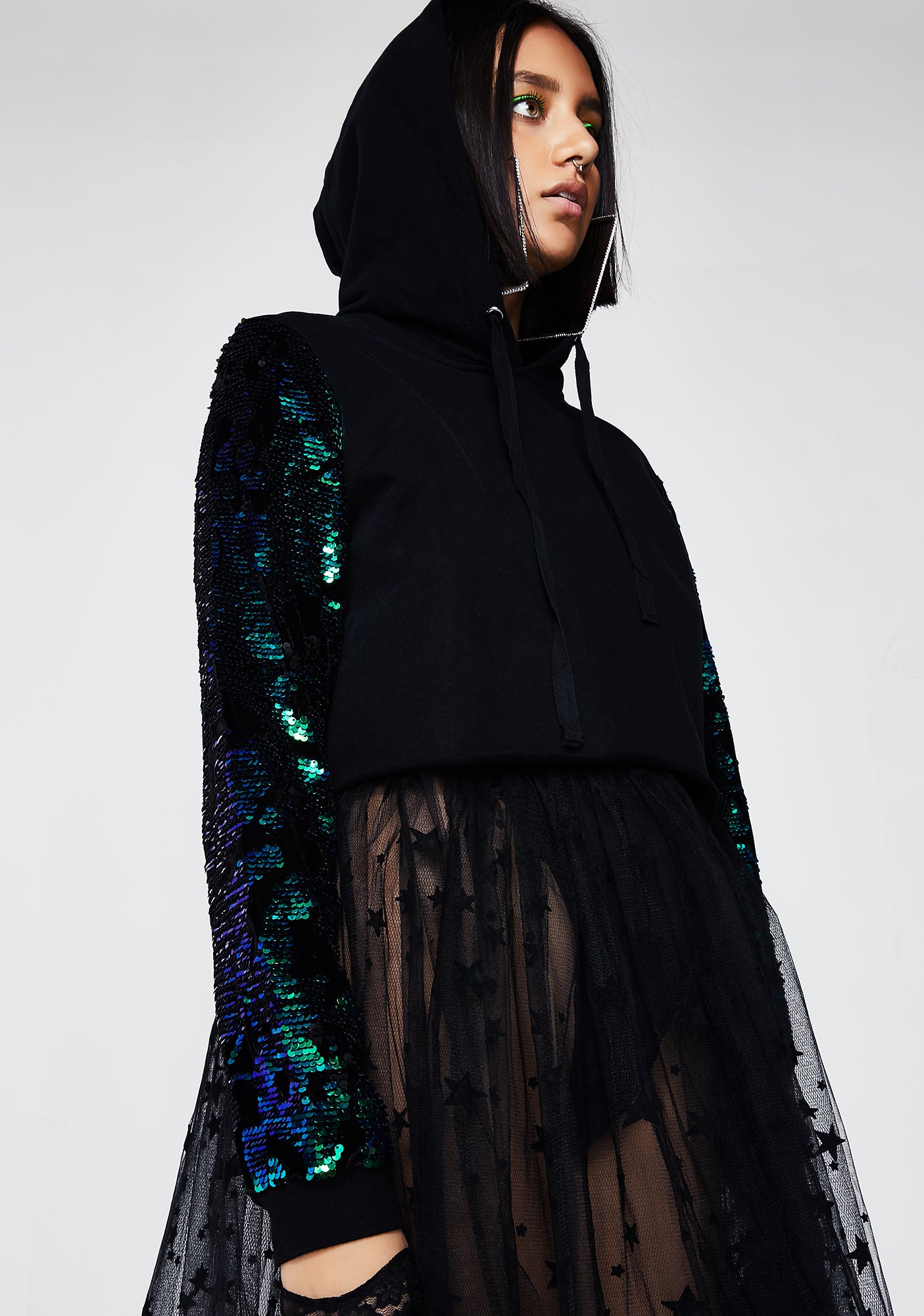Sequin Sleeve Cropped Black Hoodie – Dolls Kill