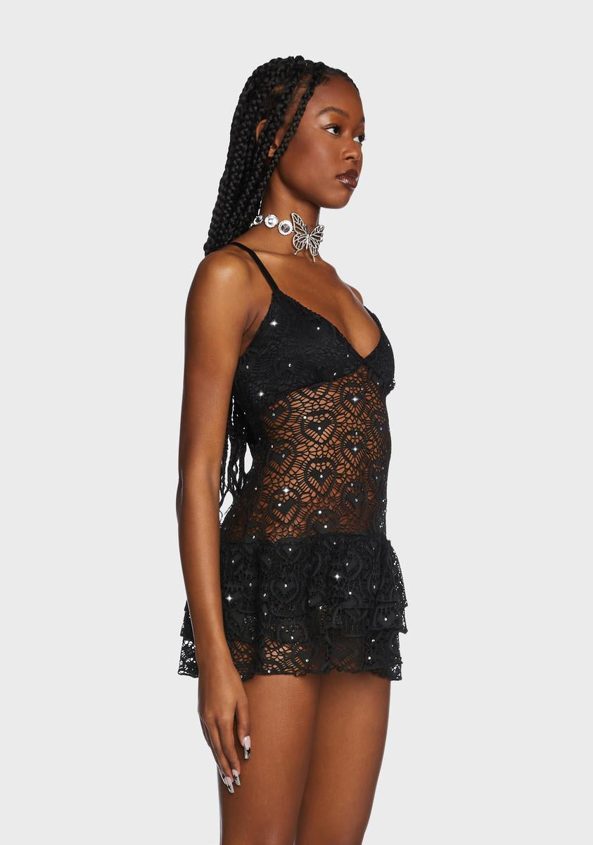 Club Exx Sheer Lace Rhinestone Ruffle Mini Dress - Black  Dolls Kill