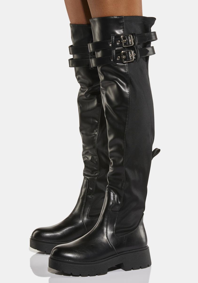 Vegan Leather Buckle Platform Thigh High Boots - Black – Dolls Kill