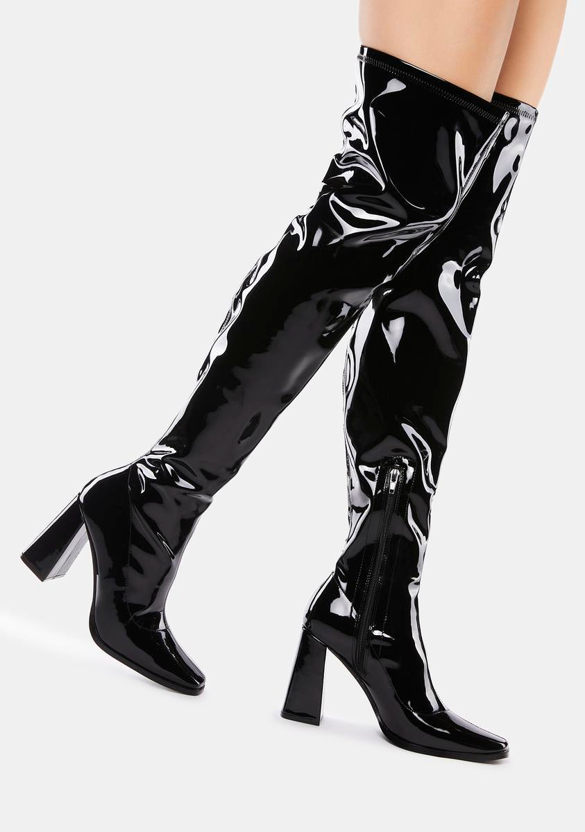 Patent Vegan Leather Heeled Thigh-High Boots - Black – Dolls Kill