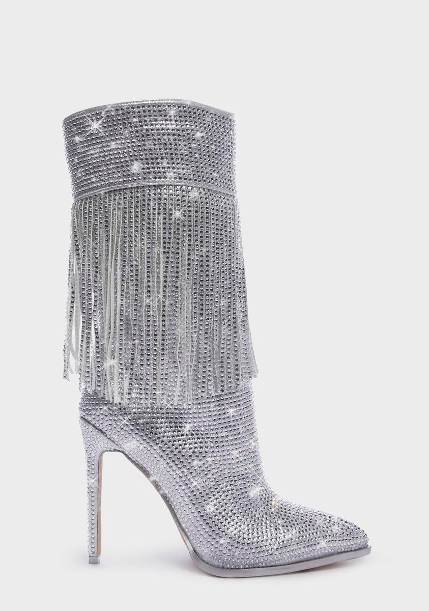Almut Rhinestone Fringe Heeled Boots AZALEA WANG,All Products : American Fashion Style Bags On Sale
