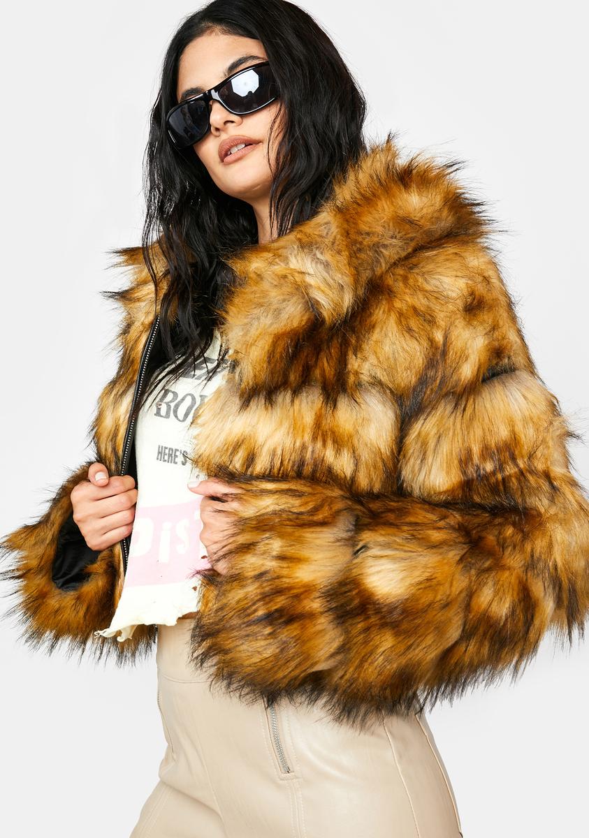 Azalea Wang Faux Fur Cropped Hoodie Coat - Brown – Dolls Kill