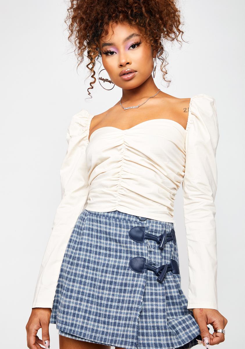 Horoscopez Sagittarius Puff Sleeve Ruched Bodice Crop Top Cream