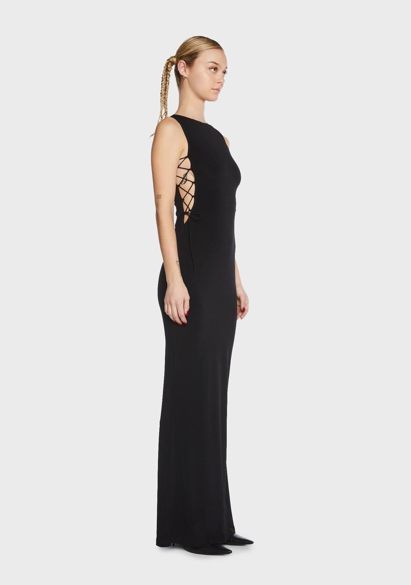 lace up side maxi dress Black Sleeveless Lace Up Sides Double Slit Maxi Dress