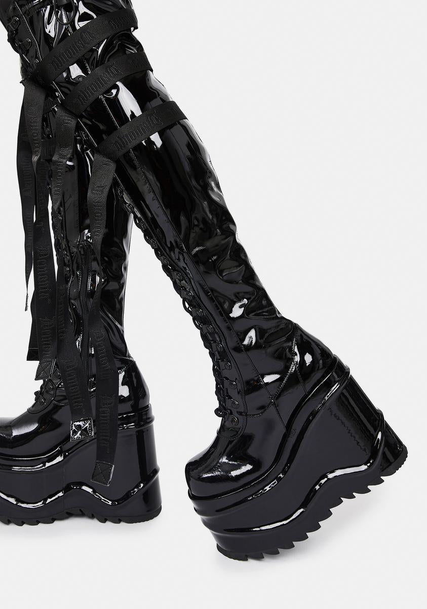 Demonia Wave 315 Patent Wedge Thigh High Boots#N##N# – Dolls Kill
