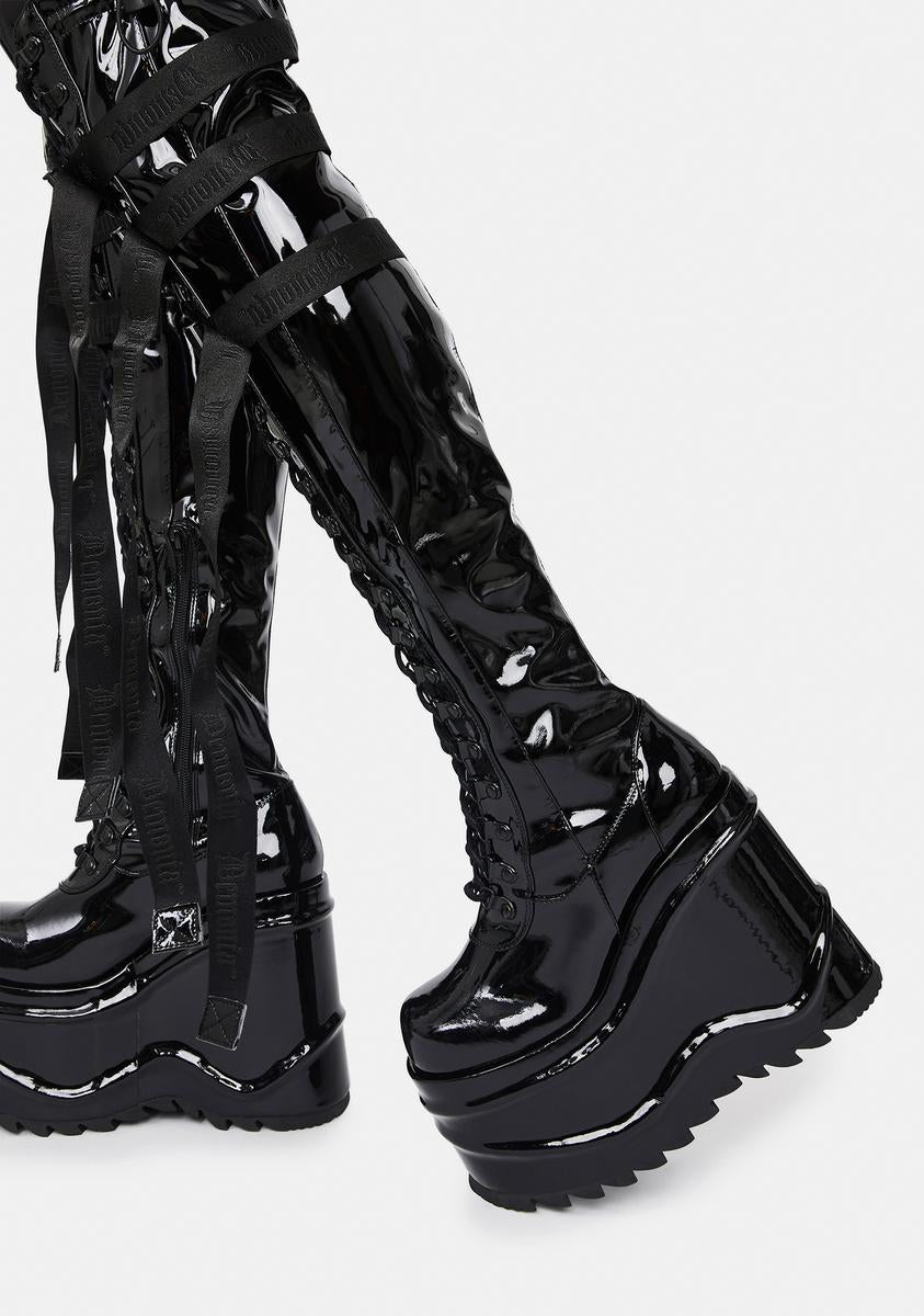 Demonia Wave 315 Patent Wedge Thigh High Boots – Dolls Kill