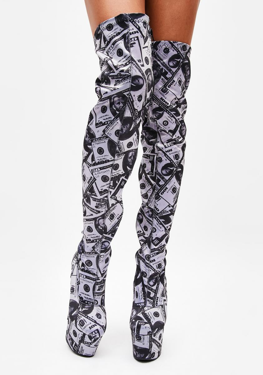 Pleaser Money Print Adore Thigh High Boots – Dolls Kill