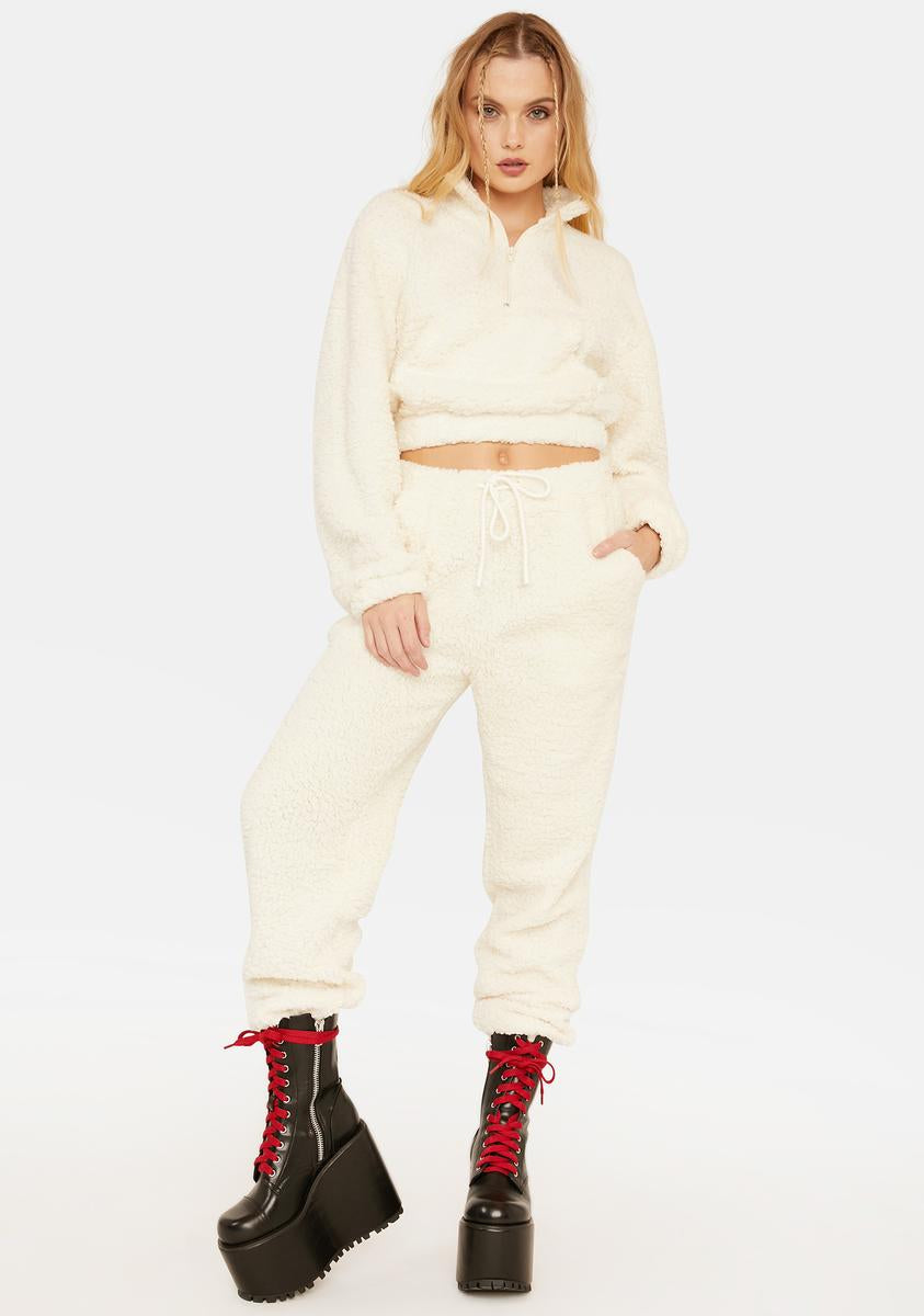 Faux Sherpa Joggers And Half Zip Collar Cropped Sweater White – Dolls Kill