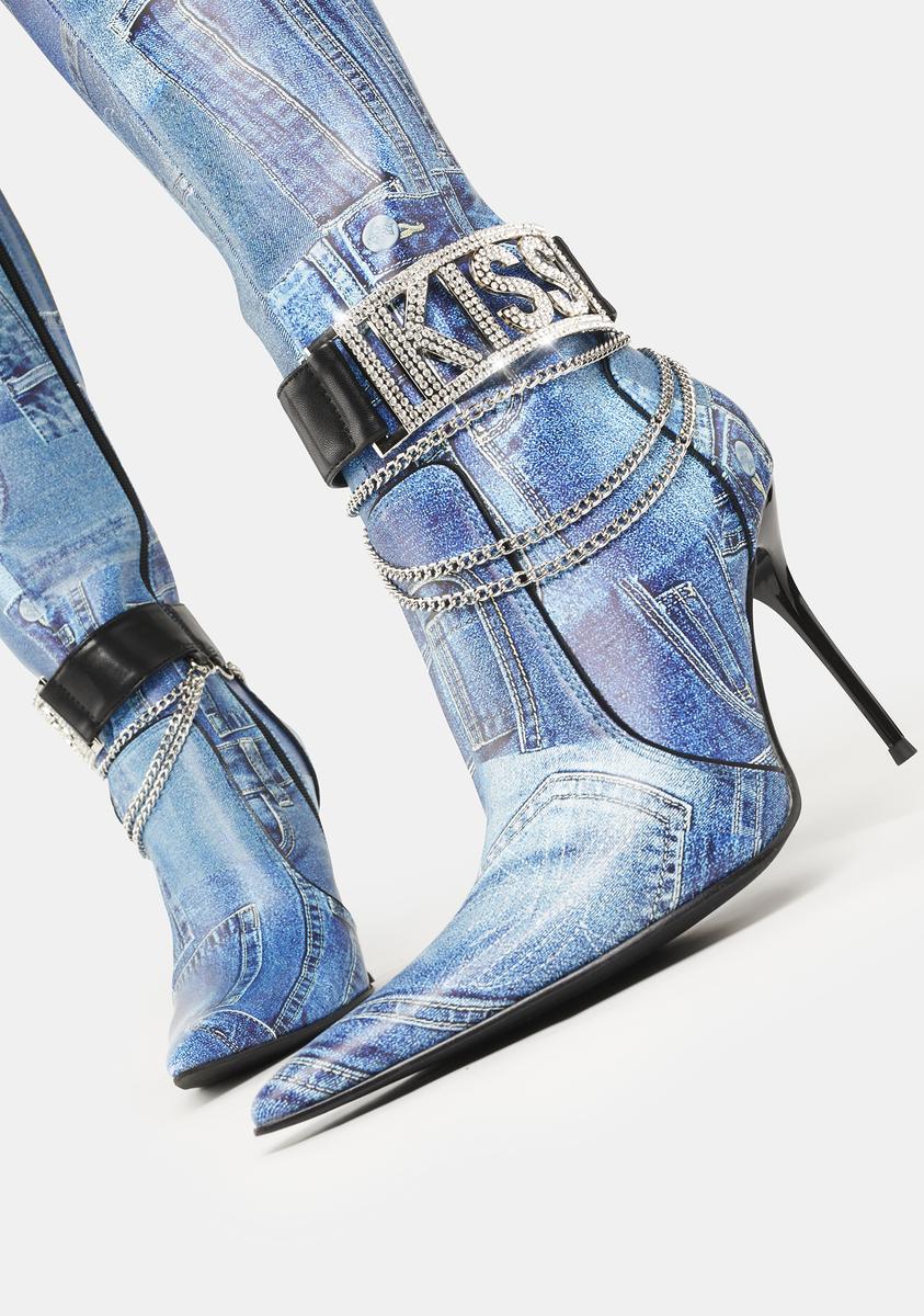 Generation Kiss Y2k Denim Print Heeled Knee High Boots – Dolls Kill