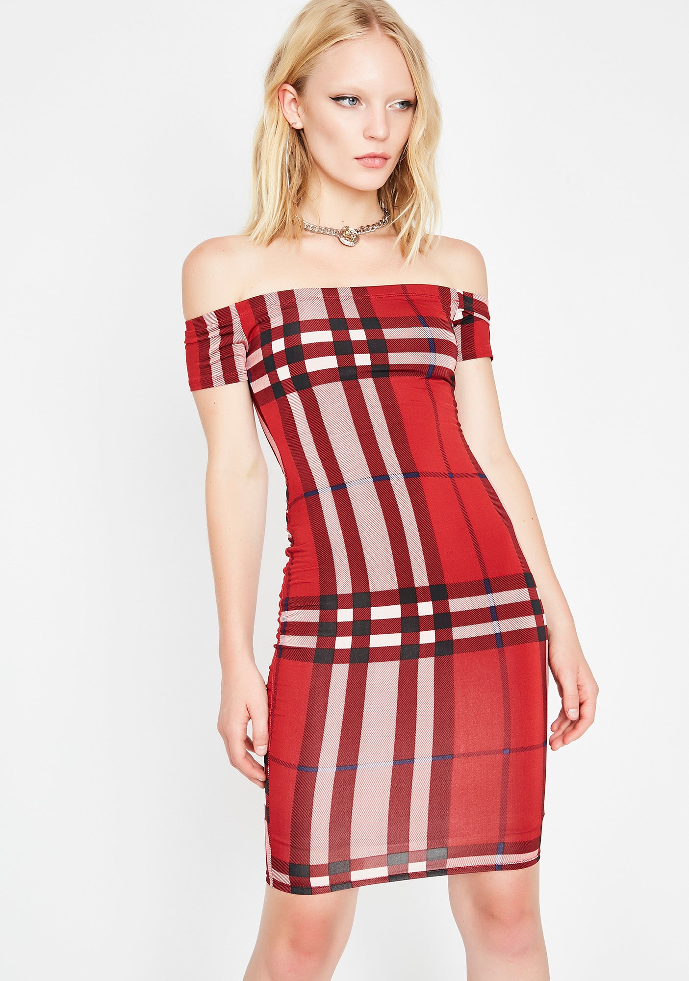 Off The Shoulder Plaid Dress – Dolls Kill