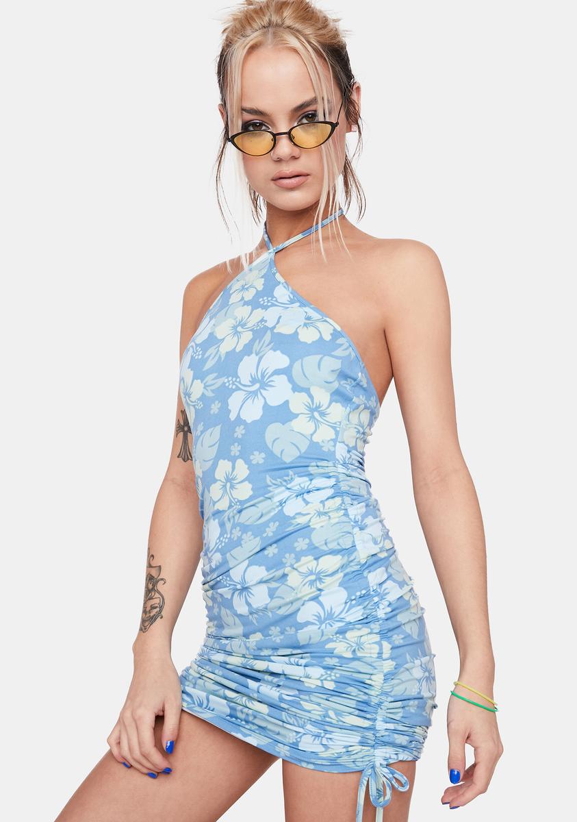 Halter Neck Ruched Drawstring Bodycon Hibiscus Floral Mini Dress Blue Dolls Kill Halter Neck Ruched Drawstring Bodycon Hibiscus Floral Mini Dress Blue Dolls Kill