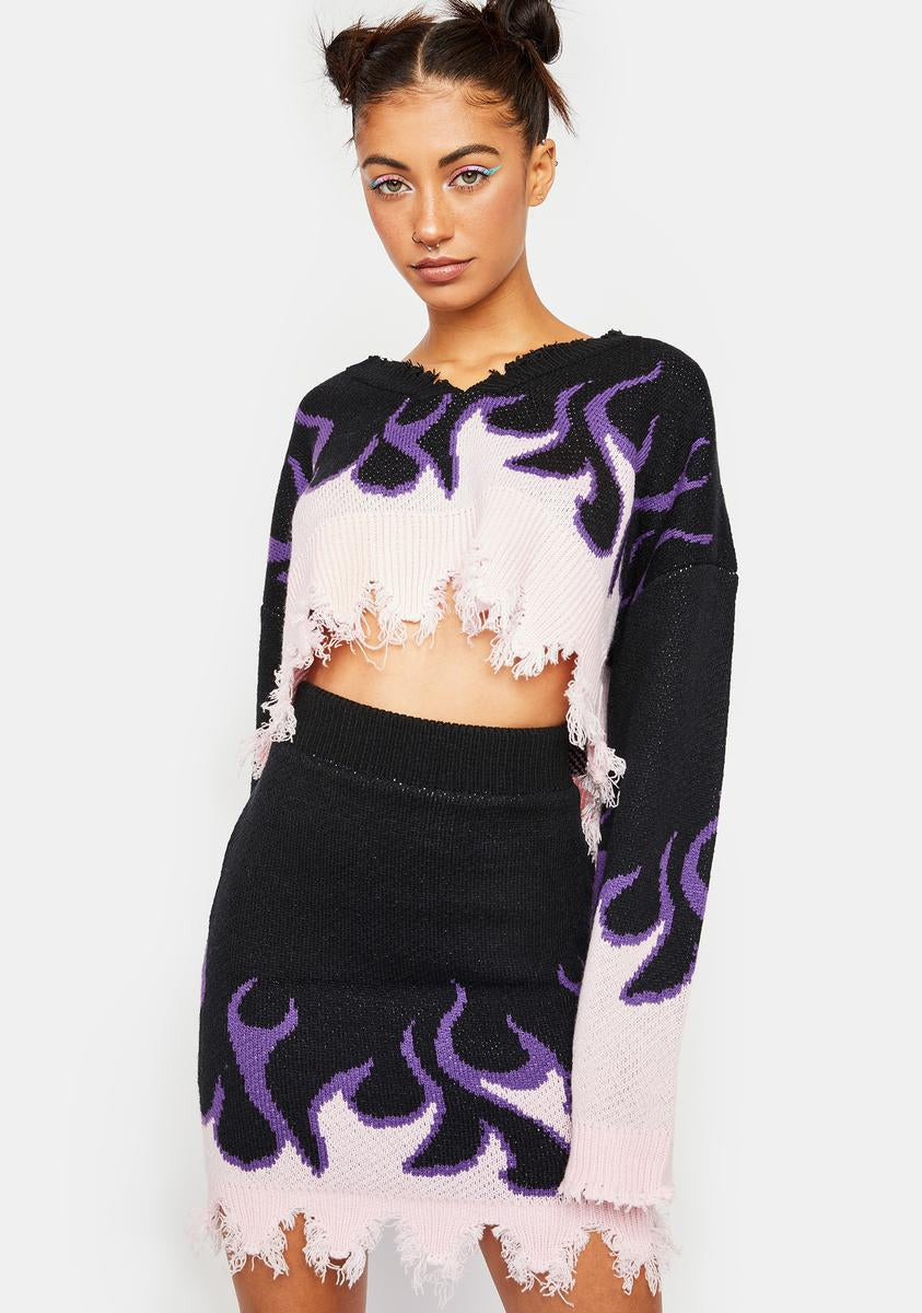Distressed Flame Sweater Skirt Set - Purple/Pink – Dolls Kill