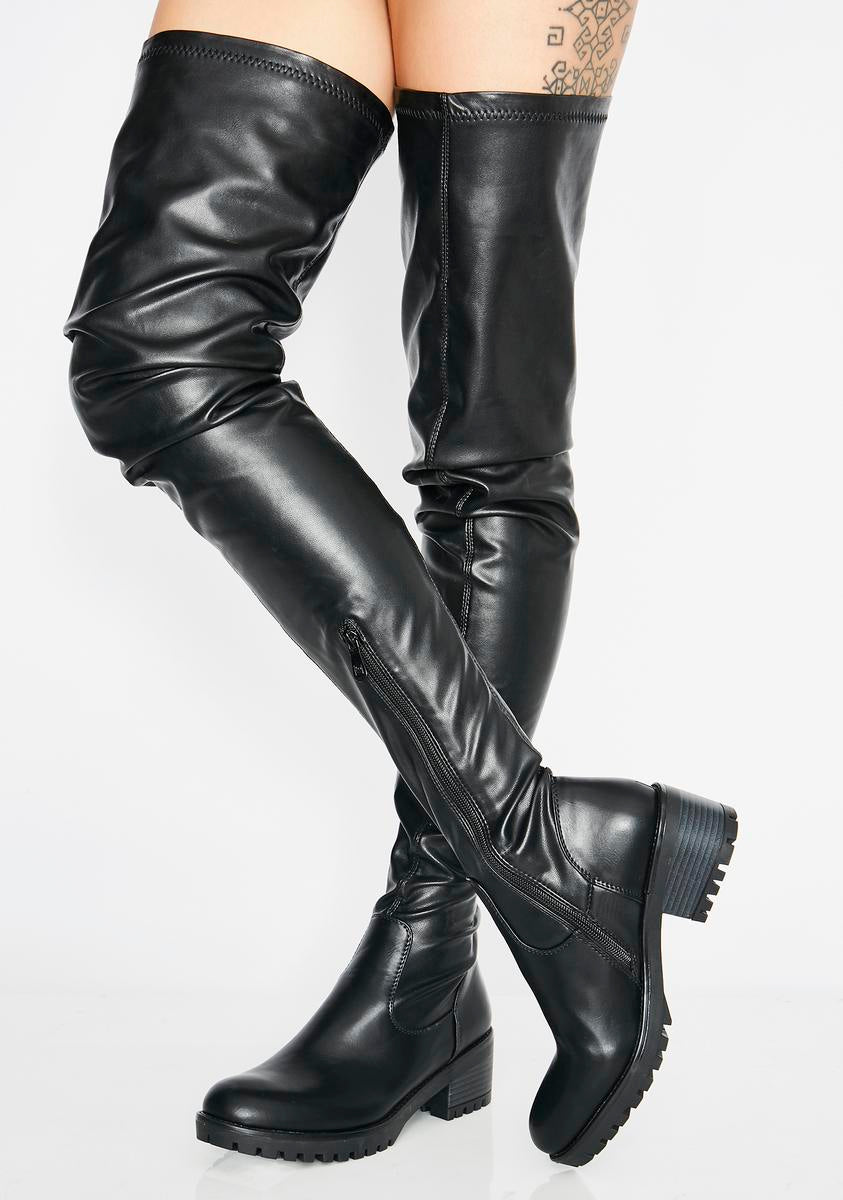 AZALEA WANG Thigh High Vegan Leather Boots - Black