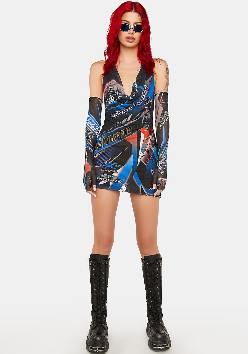 Namilia Racing Print Mesh Cowl Neck Mini Dress Blue Dolls Kill