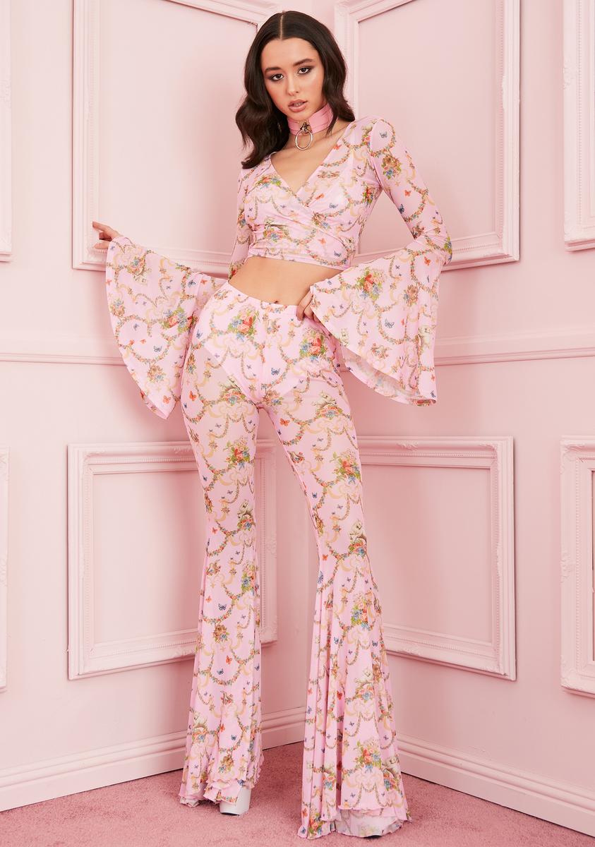 Sugar Thrillz Renaissance Floral Mesh Flare Pants Pink