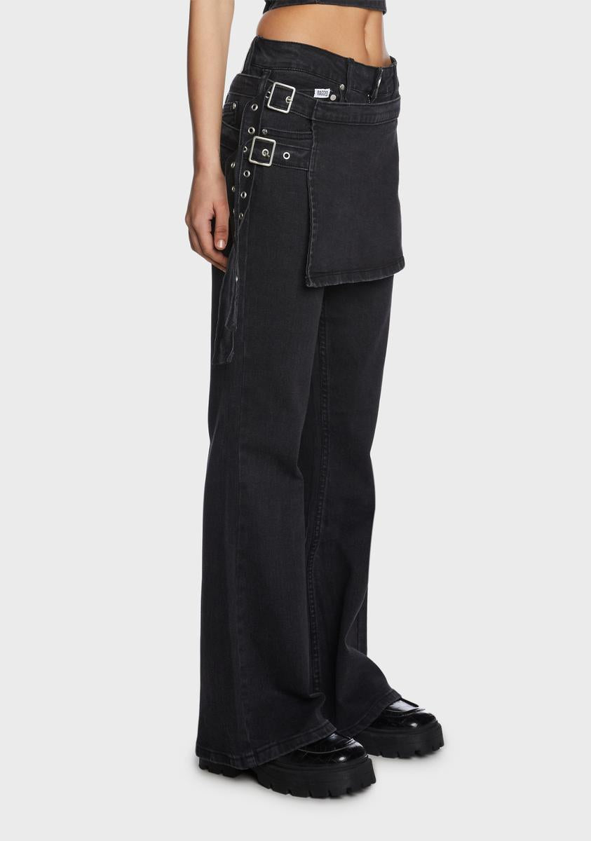 The Ragged Priest Skirt Overlay Flared Jeans - Charcoal – Dolls Kill