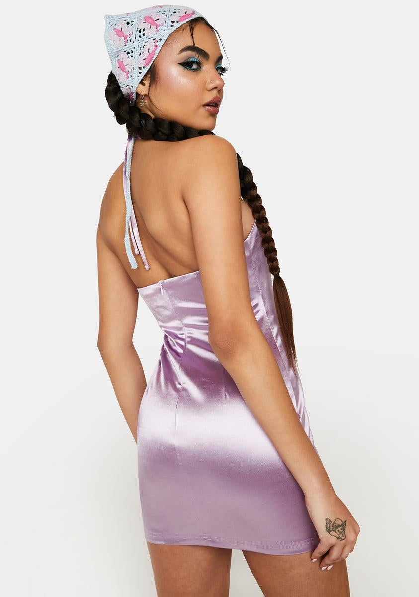 purple satin mini dress Satin V Neck Halter Lace Up Slit Mini Dress
