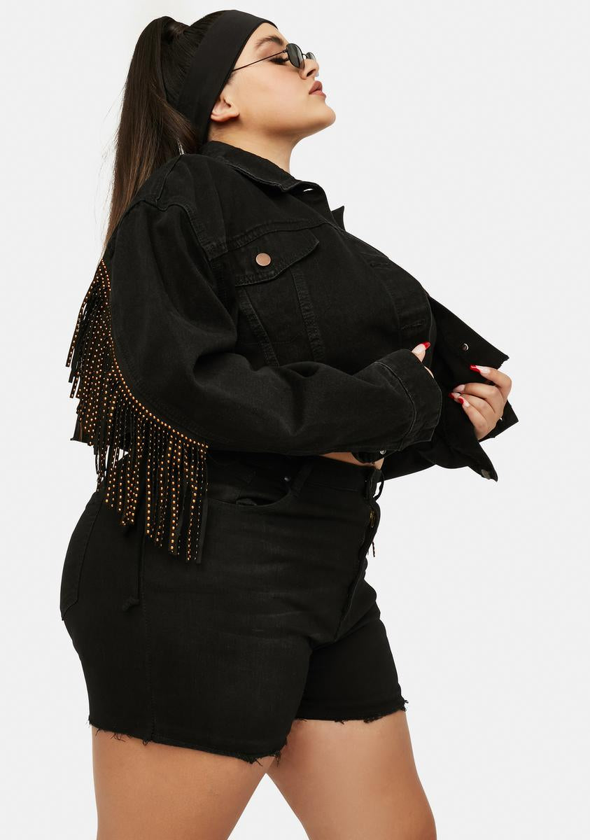 Plus Size Fringe Cropped Denim Jacket Black – Dolls Kill