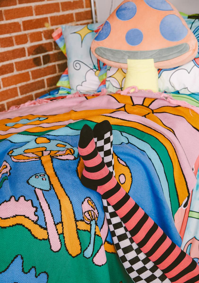 Dolls Home Mushroom Intarsia Print Throw Blanket - Rainbow – Dolls Kill
