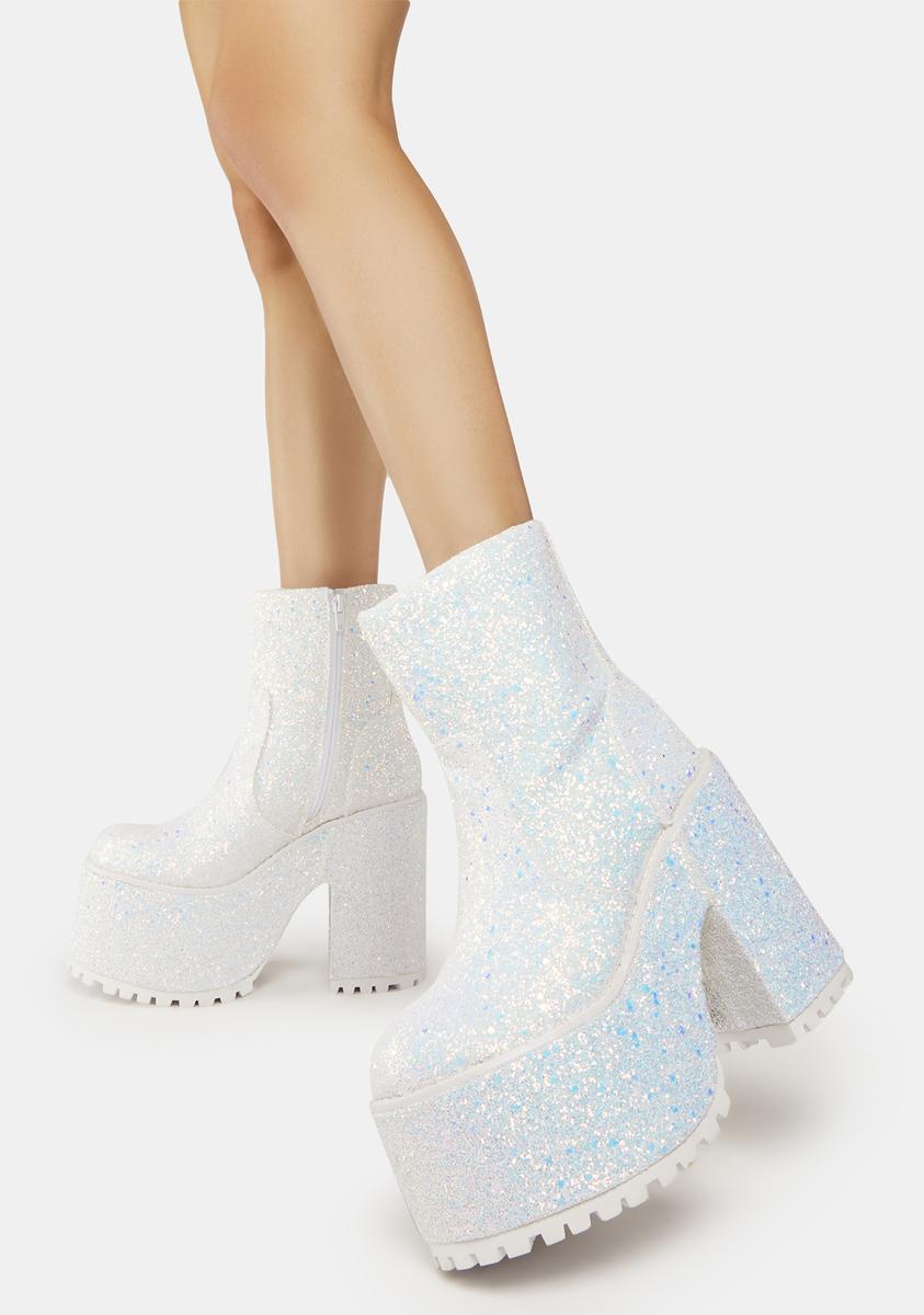 YRU Iridescent Glitter Heeled Platform Boots White Dolls Kill