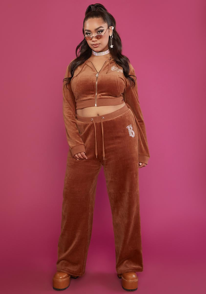 Plus Size Dolls Kill x Bratz Rhinestone Logo Velour Track Pants - Brown