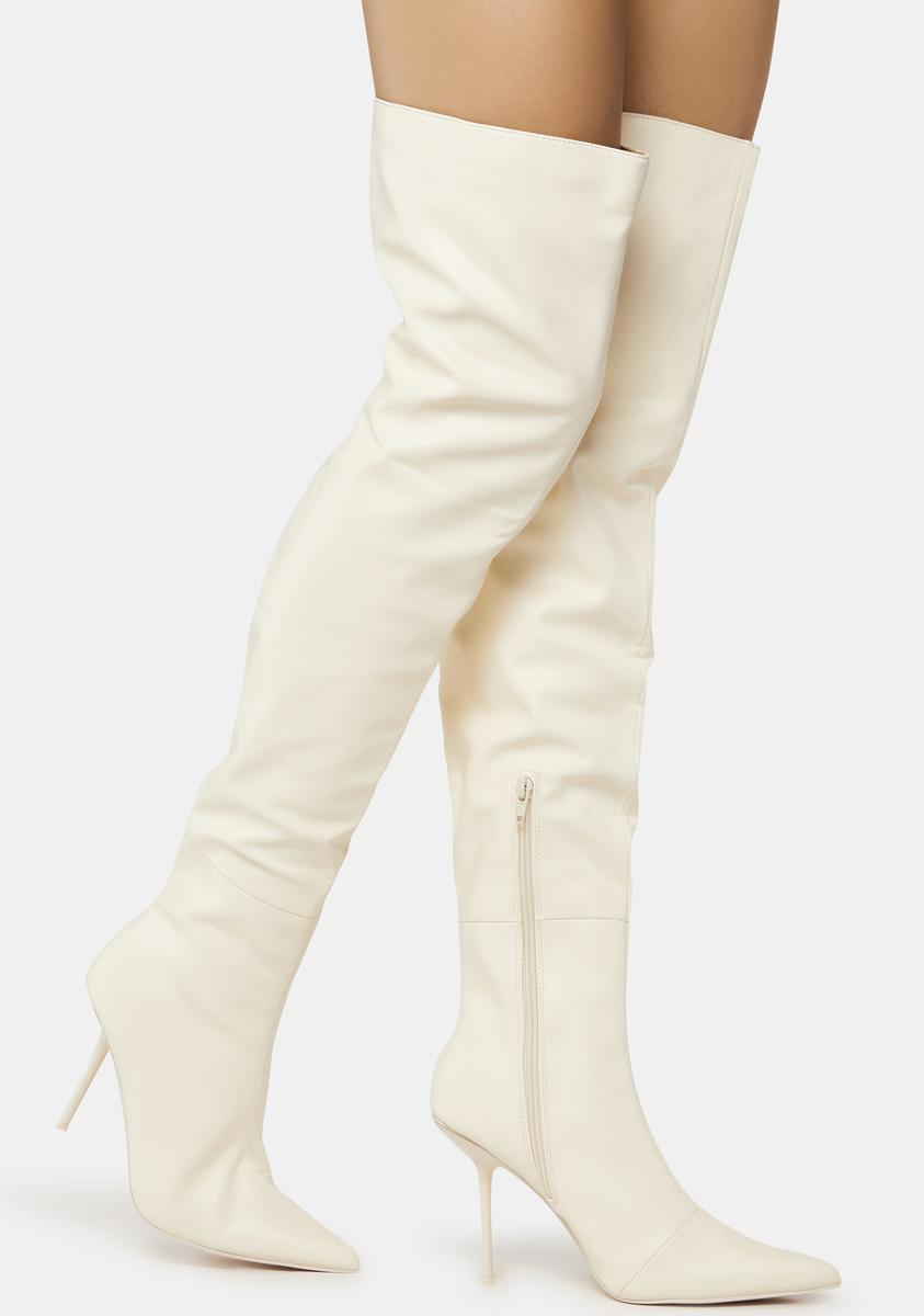 Public Desire Vegan Leather Thigh High Pointed Toe Stiletto Boots - White/Ecru –