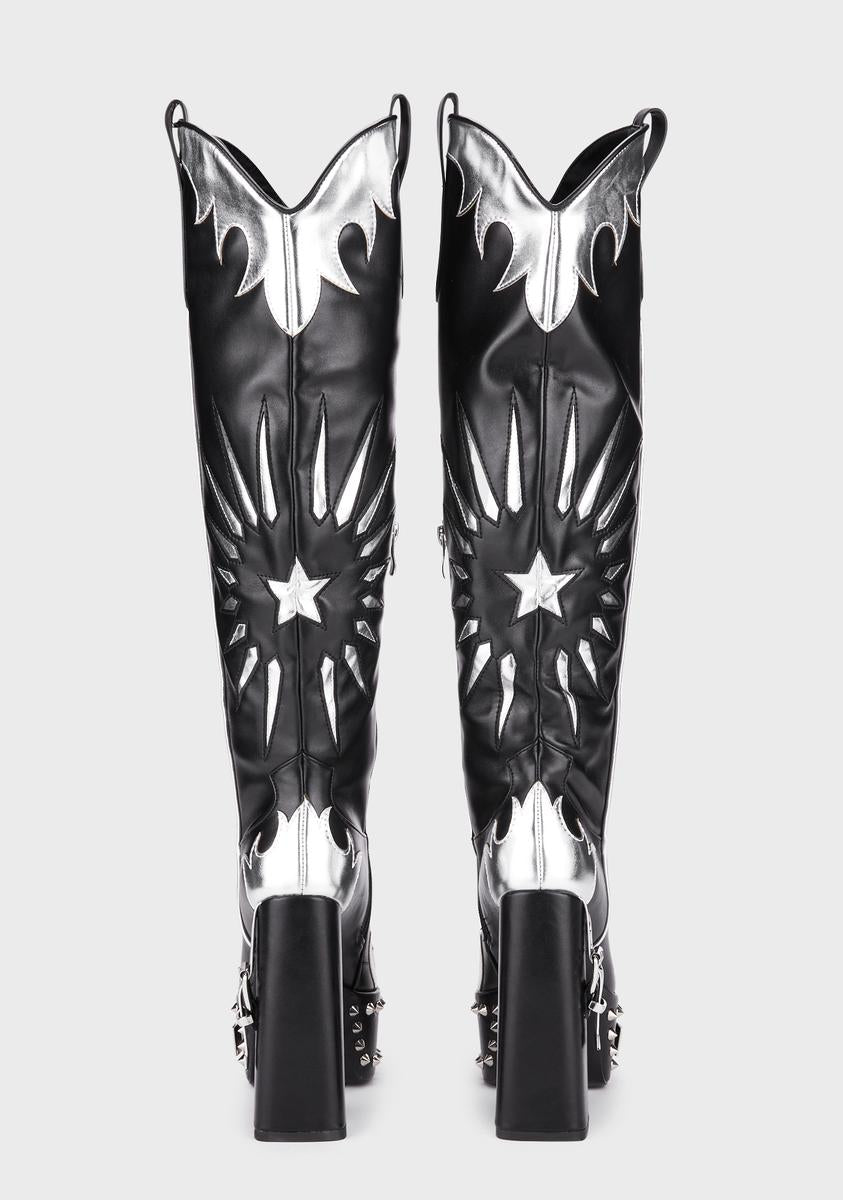 Azalea Wang x Dolls Kill Flame Star Platform Cowboy Boots Black/Silver