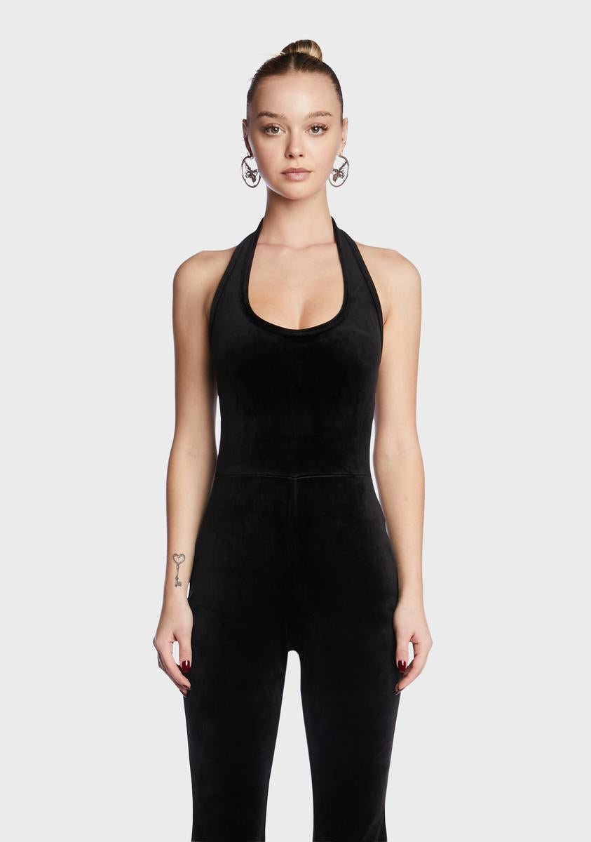 JUICY COUTURE 黒パイル地　セットアップ Juicy Couture Rhinestone Logo Halter Jumpsuit - Black Velour