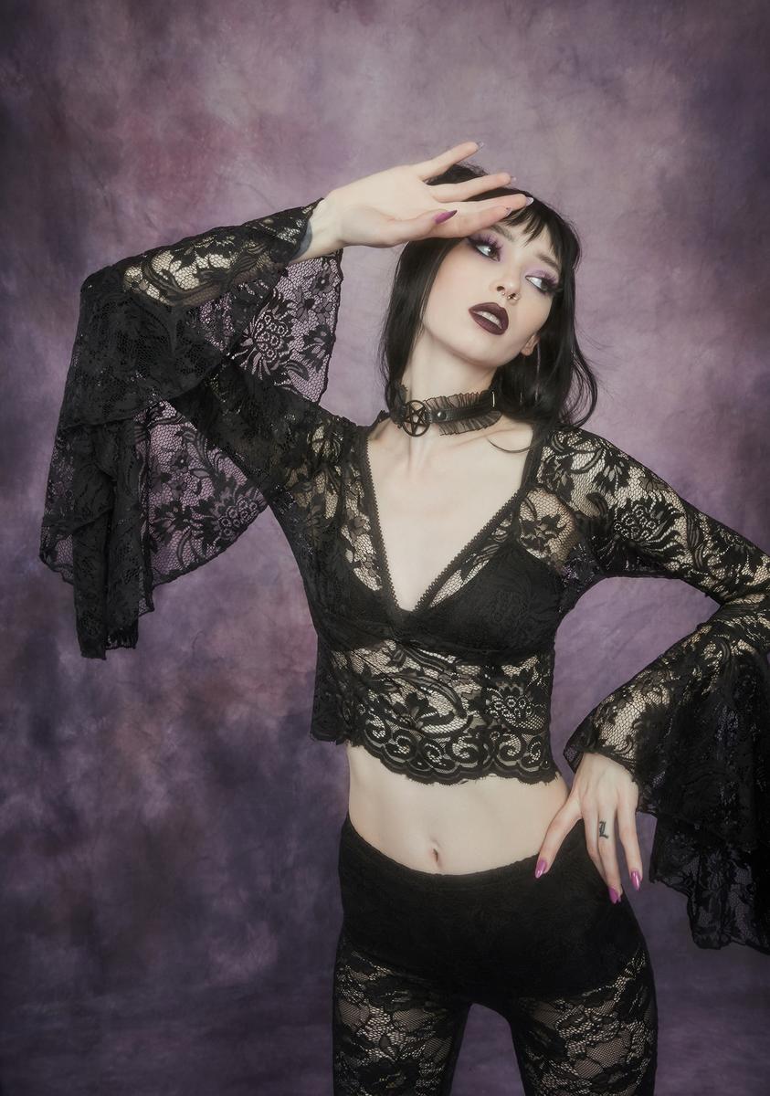 Widow Stretch Lace Bell Sleeve Crop Top - Black – Dolls Kill