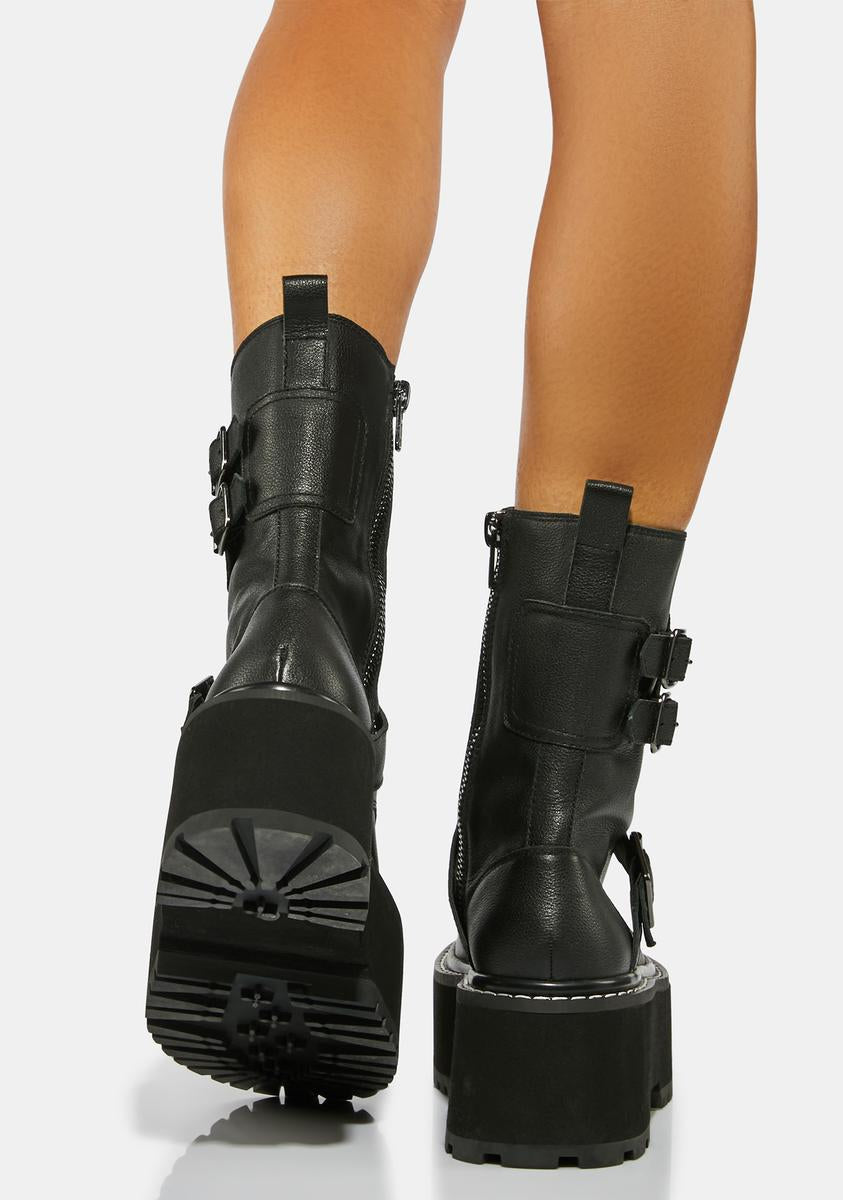 Dollskill DarkerWavsストラップ コンバット ブーツ ブラック Vegan Leather Multi Buckle Mid Calf Zippered Combat Boots