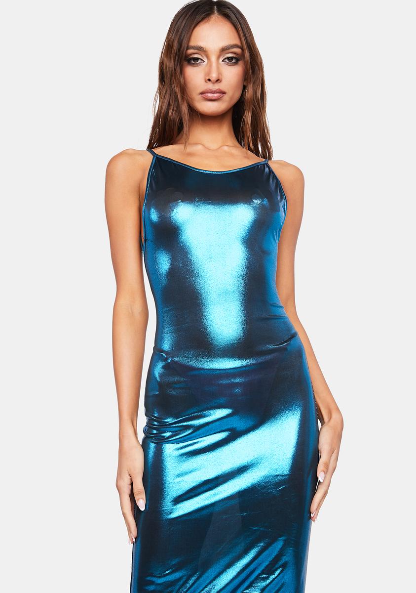 Metallic Open Back Maxi Bodycon Dress - Blue Dolls Kill Metallic Open Back Maxi Bodycon Dress - Blue Dolls Kill