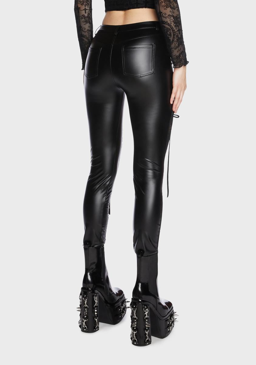 Devil Fashion Vegan Leather Splice Lace Skinny Pants - Black