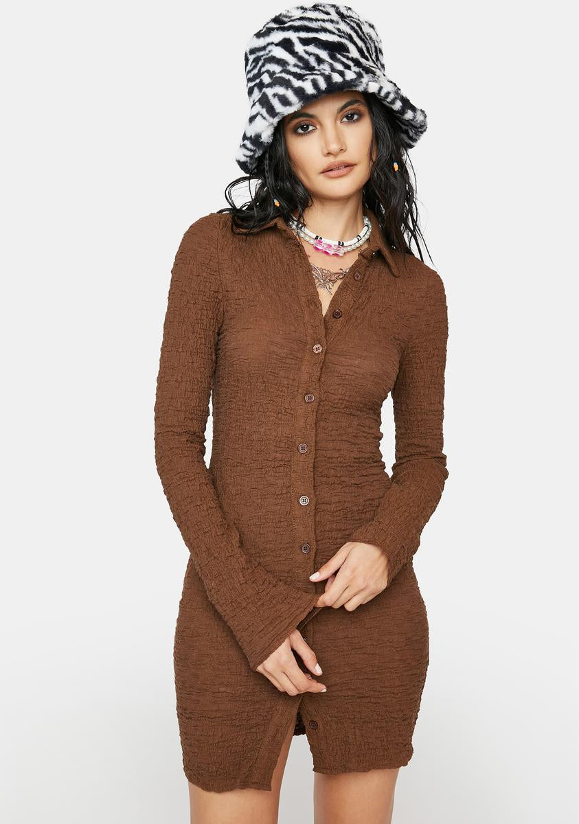 Crinkle Mini Long Sleeve Dress - Brown – Dolls Kill