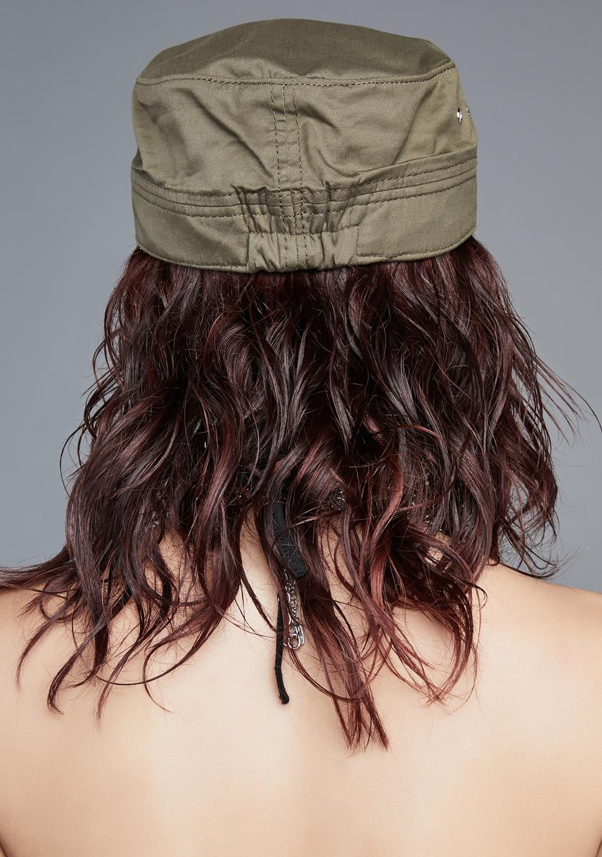 Widow Cat Studded Chain Hat - Dark Green/Olive – Dolls Kill display picture 1