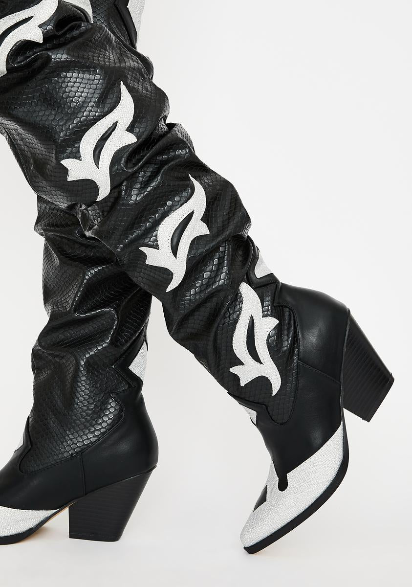 Snakeskin Faux Leather Thigh High Cowboy Boots Chunky Heel Black White Dolls Kill