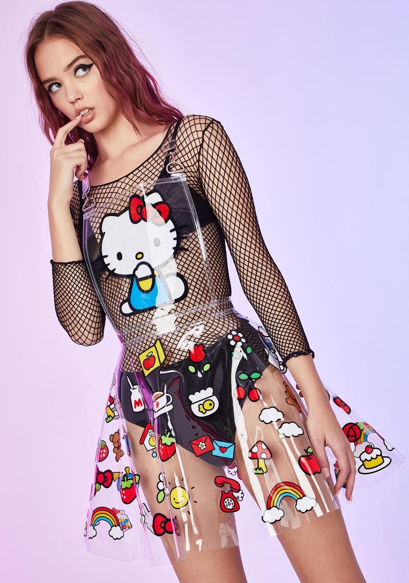 Dolls Kill Hello Kitty Graphic Clear Pinafore Overall Mini Dress Kawaii Punk