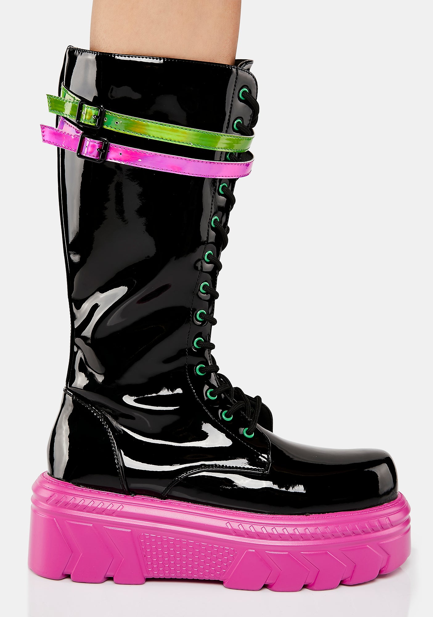 Koi Footwear Neon Detail Calf High Combat Boots - Black/Pink